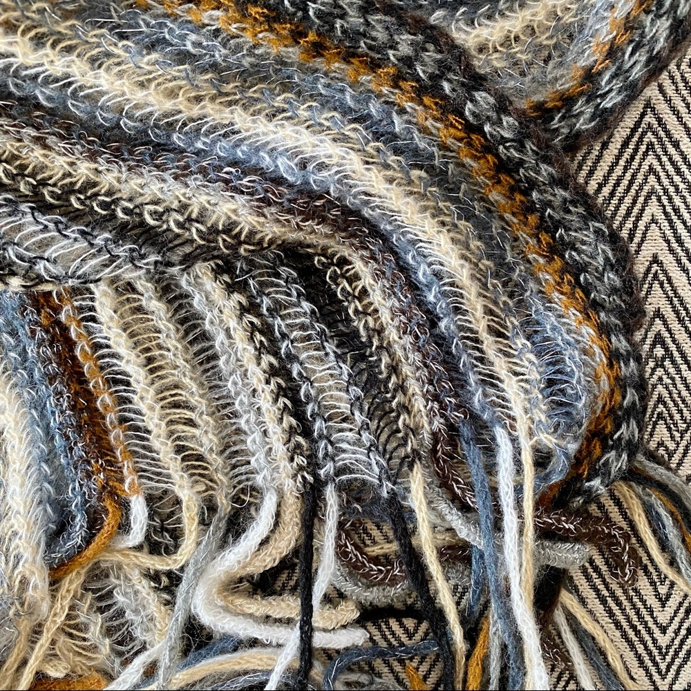 Open weave scarf neutral colors black tan brown white gray silver